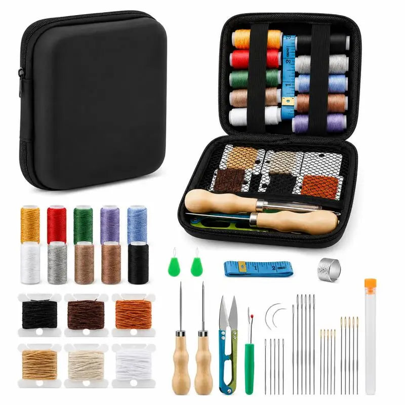 1 set, leather sewing tool kit, with waxed thread, needles, and awl, professional DIY leather craft accessories and tools