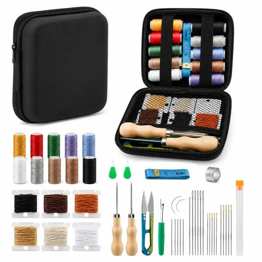 1 set, leather sewing tool kit, with waxed thread, needles, and awl, professional DIY leather craft accessories and tools