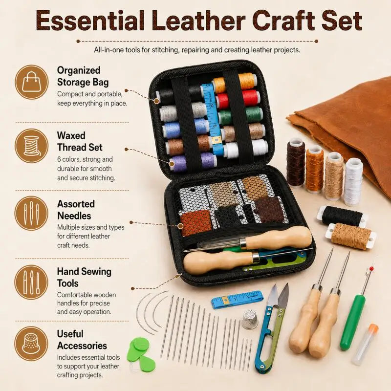 Leather sewing tool set, with waxed thread and needle threader, suitable for leather sewing DIY craft accessory set